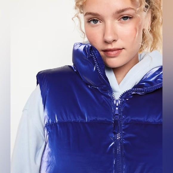 NWOT Old Navy Womens XS Blue Shiny Puffer Vest Water Resistant Quilted Zip Up - Picture 2 of 10